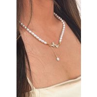 SVNX Women's Butterfly Pearl Chain Necklace - Gift Boxed in Gold