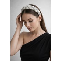 SVNX Women's Lattice Style Crystal Gems & Pearl Headband in White