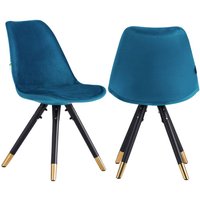 Life Interiors Set of 2 Sofia Ergonomic Modern Dining Chairs Upholstered in Velvet, Metal Legs with Gold End Caps in Blue