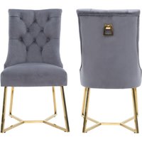 Life Interiors Set of 2 Ambra Modern Velvet Dining Chairs with Gold Legs, Ring Handle & Tufted Back in Grey