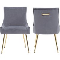 Life Interiors Set of 2 Viviana Velvet Dining Chairs with Gold Legs & Ring Handle in Grey