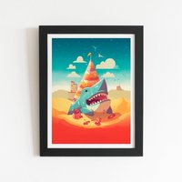 Warren Reed - Designer Shark On A Beach Holiday Framed Art Print in Black | Size: W16" x H24"