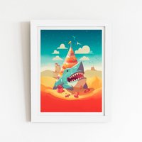 Warren Reed - Designer Shark On A Beach Holiday Framed Art Print in White | Size: W24" x H36"