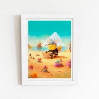 Warren Reed - Designer Bumblebee On A Beach Holiday Framed Art Print in White | Size: W12" x H16"