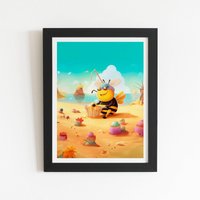 Warren Reed - Designer Bumblebee On A Beach Holiday Framed Art Print in Black | Size: W16" x H24"