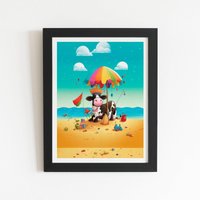 Warren Reed - Designer Cow On A Beach Holiday Framed Art Print in Black | Size: W8" x H10"