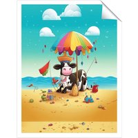 Warren Reed - Designer Cow On A Beach Holiday Unframed Art Print | Size: W16" x H24"