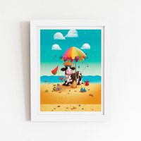 Warren Reed - Designer Cow On A Beach Holiday Framed Art Print in White | Size: W24" x H36"