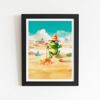 Warren Reed - Designer Happy Frog On A Beach Holiday Framed Art Print in Black | Size: W24" x H36"
