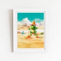 Warren Reed - Designer Happy Frog On A Beach Holiday Framed Art Print in White | Size: W24" x H36"