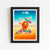 Warren Reed - Designer Lion On A Beach Holiday Framed Art Print in Black | Size: W24" x H36"
