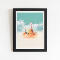 Warren Reed - Designer White Rabbit On A Beach Holiday Framed Art Print in Black | Size: W12" x H16"