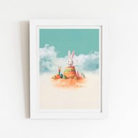 Warren Reed - Designer White Rabbit On A Beach Holiday Framed Art Print | Size: W16" x H24"