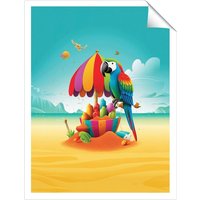 Warren Reed - Designer Parrot On A Beach Holiday Unframed Art Print | Size: W16" x H24"