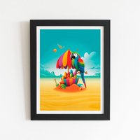 Warren Reed - Designer Parrot On A Beach Holiday Framed Art Print in Black | Size: W24" x H36"