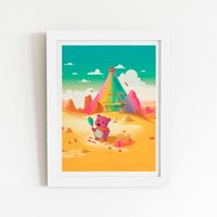 Warren Reed - Designer Purple Bear On A Beach Holiday Framed Art Print in White | Size: W20" x H30"