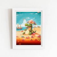 Warren Reed - Designer A Crocodile On A Beach Holiday Framed Art Print in White | Size: W12" x H16"