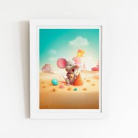 Warren Reed - Designer A Mouse On A Beach Holiday Framed Art Print in White | Size: W16" x H24"