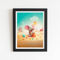 Warren Reed - Designer A Mouse On A Beach Holiday Framed Art Print in Black | Size: W24" x H36"