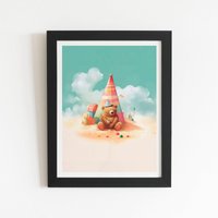 Warren Reed - Designer A Bear On A Beach Holiday Framed Art Print in Black | Size: W8" x H10"