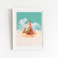 Warren Reed - Designer A Bear On A Beach Holiday Framed Art Print in White | Size: W16" x H24"