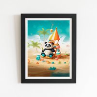 Warren Reed - Designer Happy Panda On A Beach Holiday Framed Art Print in Black | Size: W8" x H10"
