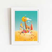 Warren Reed - Designer A Giraffe On A Beach Holiday Framed Art Print in White | Size: W24" x H36"