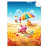 Warren Reed - Designer Pig On A Beach Holiday Unframed Art Print | Size: W12" x H16"