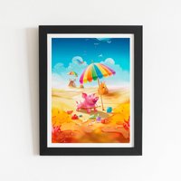Warren Reed - Designer Pig On A Beach Holiday Framed Art Print in Black | Size: W24" x H36"