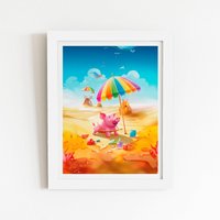 Warren Reed - Designer Pig On A Beach Holiday Framed Art Print in White | Size: W24" x H36"