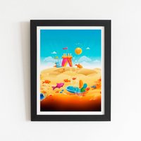 Warren Reed - Designer Fishes On A Beach Holiday Framed Art Print in Black | Size: W12" x H16"