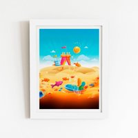 Warren Reed - Designer Fishes On A Beach Holiday Framed Art Print in White | Size: W20" x H30"