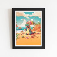 Warren Reed - Designer Dragon On A Beach Holiday Framed Art Print in Black | Size: W12" x H16"