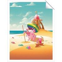Warren Reed - Designer Piglet On A Beach Holiday Unframed Art Print | Size: W8" x H10"
