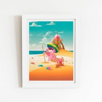 Warren Reed - Designer Piglet On A Beach Holiday Framed Art Print in White | Size: W8" x H10"