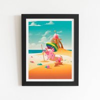 Warren Reed - Designer Piglet On A Beach Holiday Framed Art Print in Black | Size: W12" x H16"