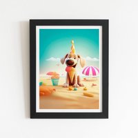 Warren Reed - Designer Dog On A Beach Holiday Framed Art Print in Black | Size: W16" x H24"