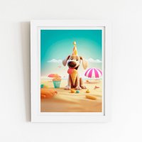 Warren Reed - Designer Dog On A Beach Holiday Framed Art Print in White | Size: W16" x H24"