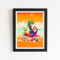 Warren Reed - Designer Crocodile On A Beach Holiday Framed Art Print in Black | Size: W12" x H16"