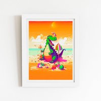 Warren Reed - Designer Crocodile On A Beach Holiday Framed Art Print in White | Size: W12" x H16"
