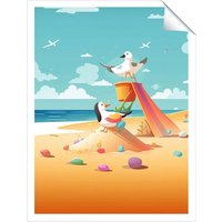 Warren Reed - Designer Seagulls On A Beach Holiday Unframed Art Print | Size: W12" x H16"