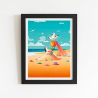 Warren Reed - Designer Seagulls On A Beach Holiday Framed Art Print in Black | Size: W12" x H16"
