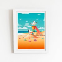 Warren Reed - Designer Seagulls On A Beach Holiday Framed Art Print in White | Size: W16" x H24"
