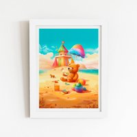 Warren Reed - Designer Bear On A Beach Holiday Framed Art Print in White | Size: W8" x H10"