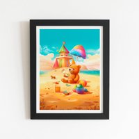 Warren Reed - Designer Bear On A Beach Holiday Framed Art Print in Black | Size: W24" x H36"