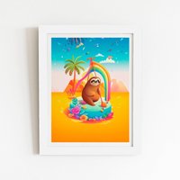 Warren Reed - Designer Sloth On A Beach Holiday Framed Art Print in White | Size: W20" x H30"