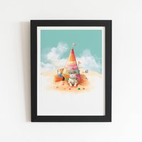 Warren Reed - Designer Cat On A Beach Holiday Framed Art Print in Black | Size: W12" x H16"