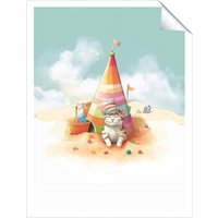 Warren Reed - Designer Cat On A Beach Holiday Unframed Art Print | Size: W24" x H36"