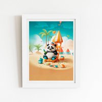 Warren Reed - Designer Panda On A Beach Holiday Framed Art Print in White | Size: W20" x H30"