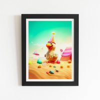 Warren Reed - Designer Funky Chicken On A Beach Holiday Framed Art Print in Black | Size: W8" x H10"